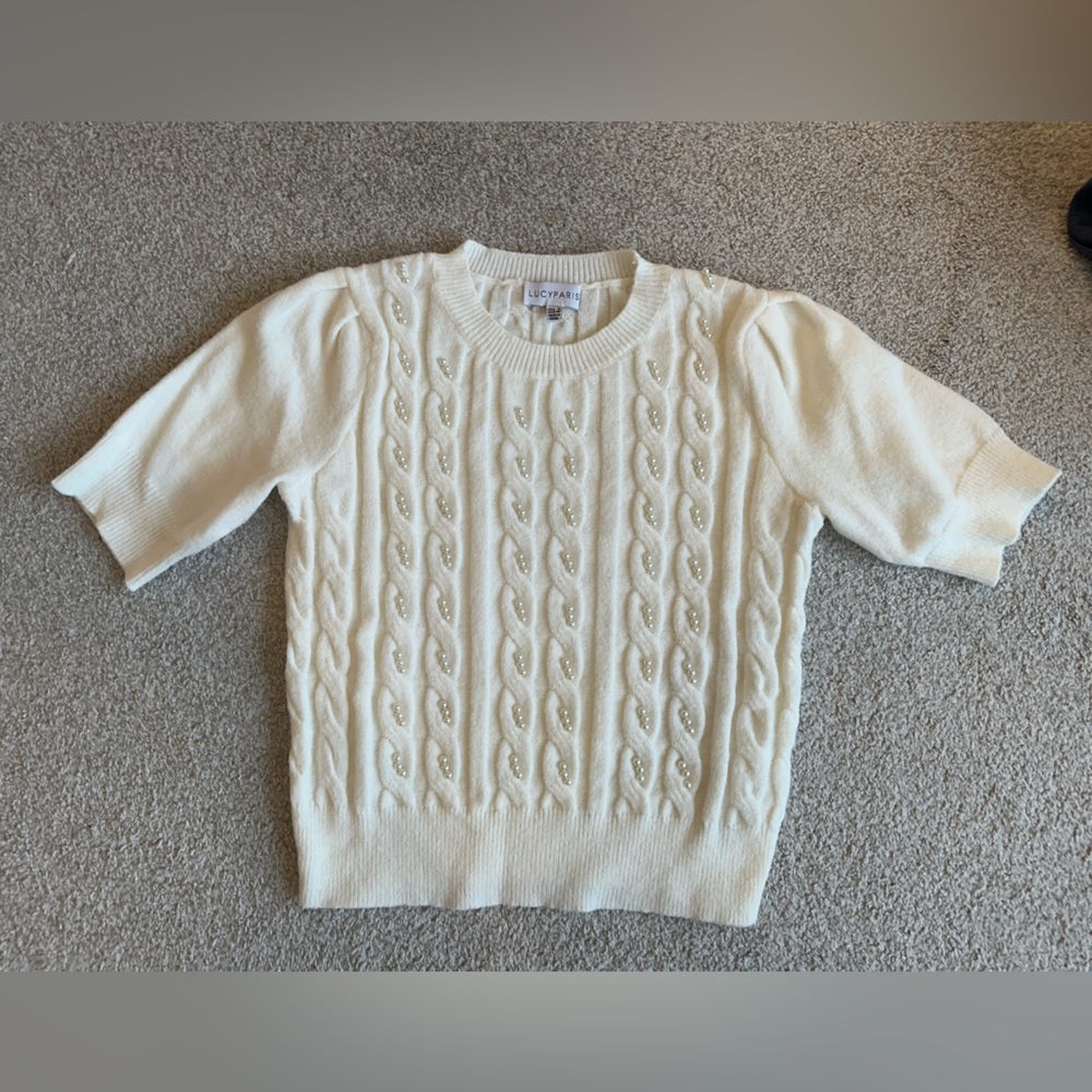 Lucy Paris Cream Beaded Cable-Knit Crewneck Sweater